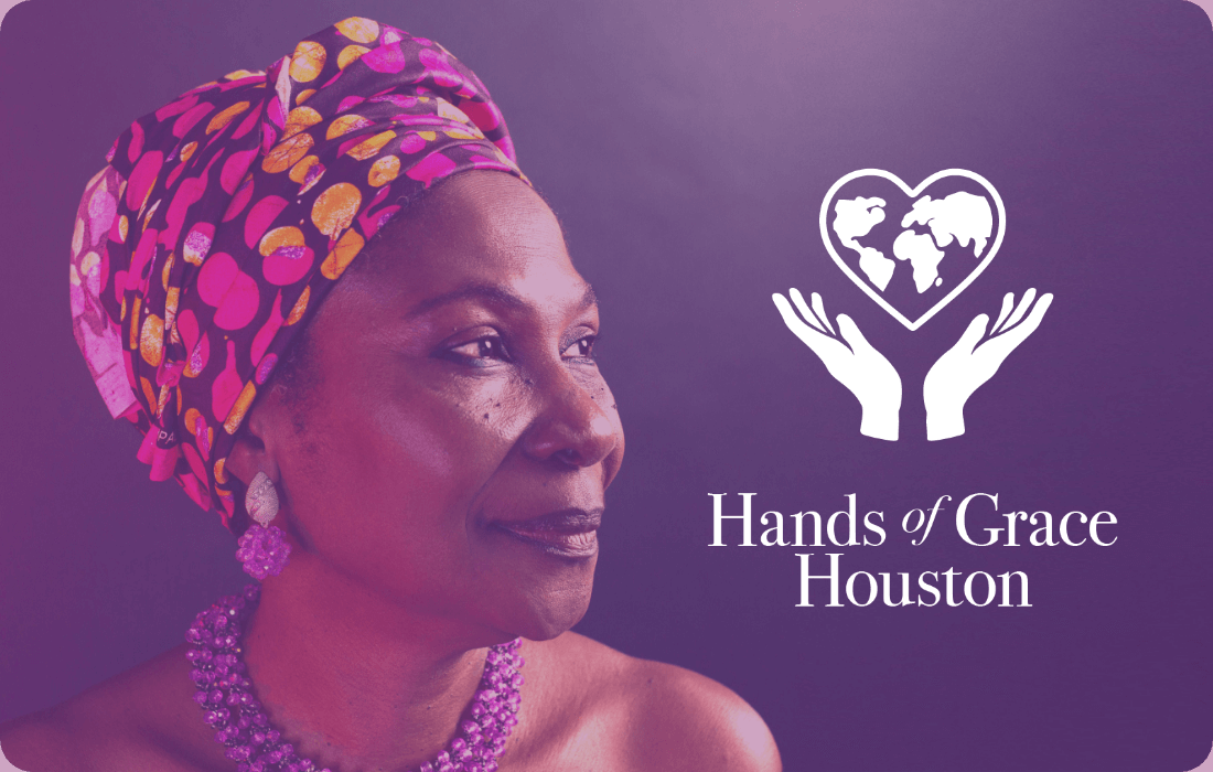 African American woman in purple and orange head wrapping looking at a logo with hands and a heart-shaped globe with the words “House of Grace Houston”
