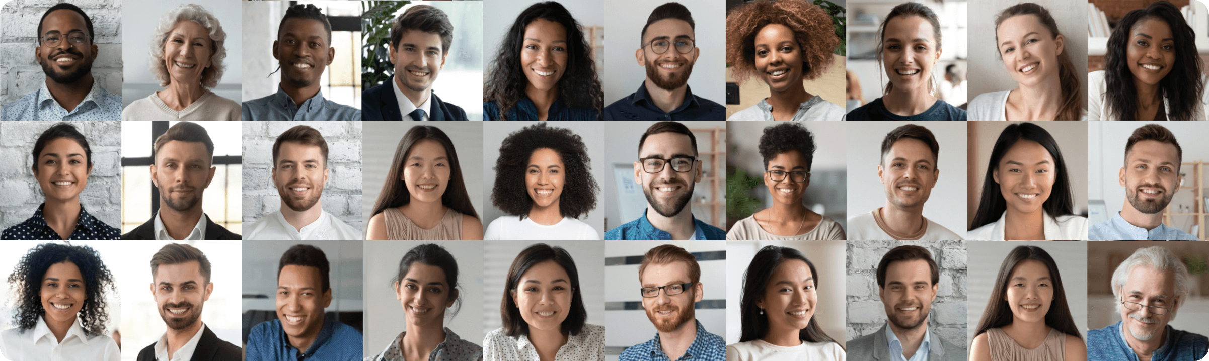portrait collage of thirty diverse multi-racial people smiling at the camera in a variety of settings.